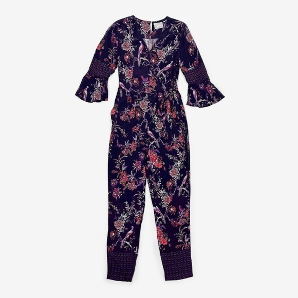 Maeve Espoir Printed Jumpsuit Size 8 Purple‎ Floral Bird Boho Eclectic Festival